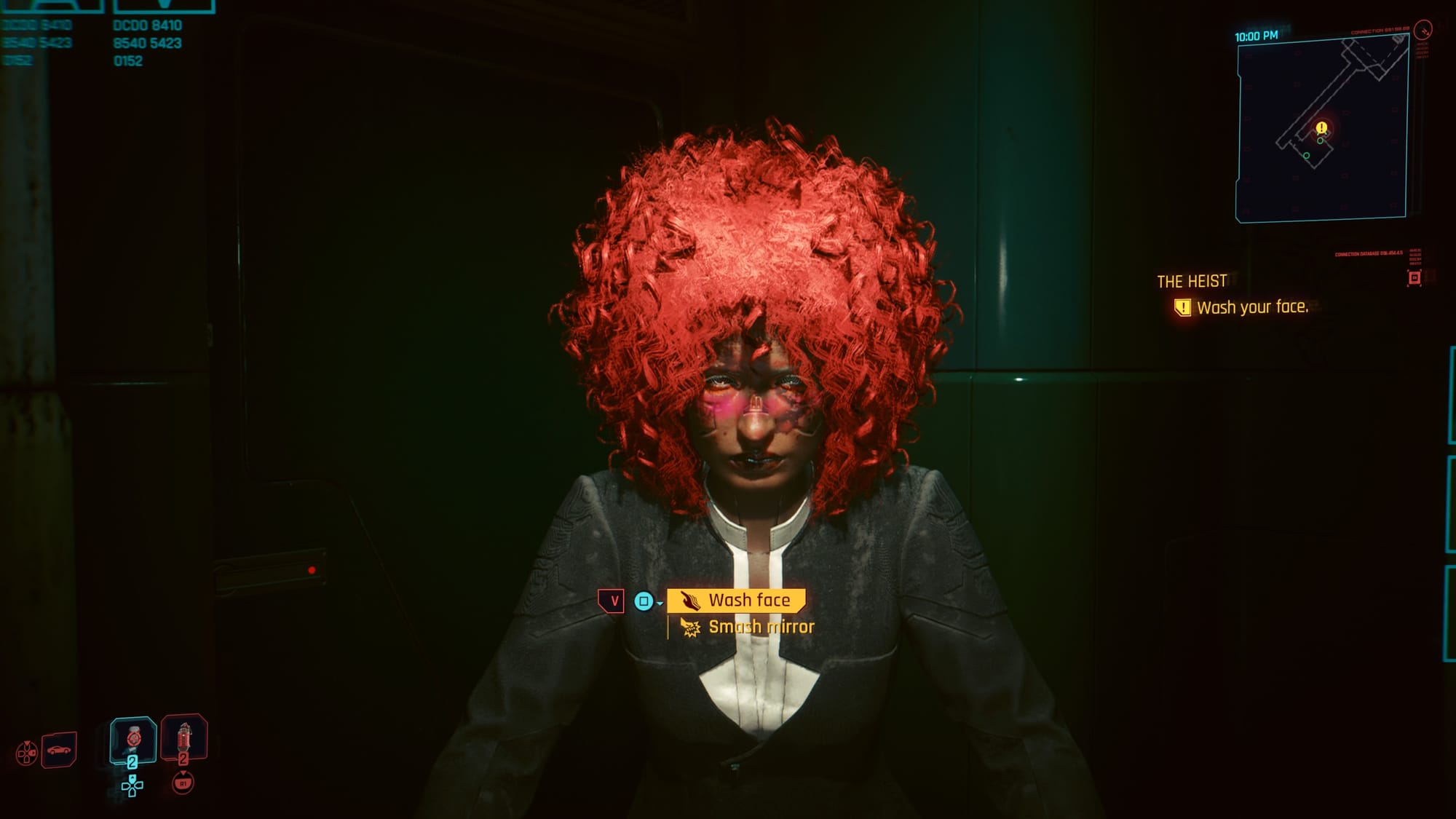 My Cyberpunk 2077 character looking into a mirror. A prompt displays in the lower middle of the screen, with two options: Wash Face, or Smash Mirror.