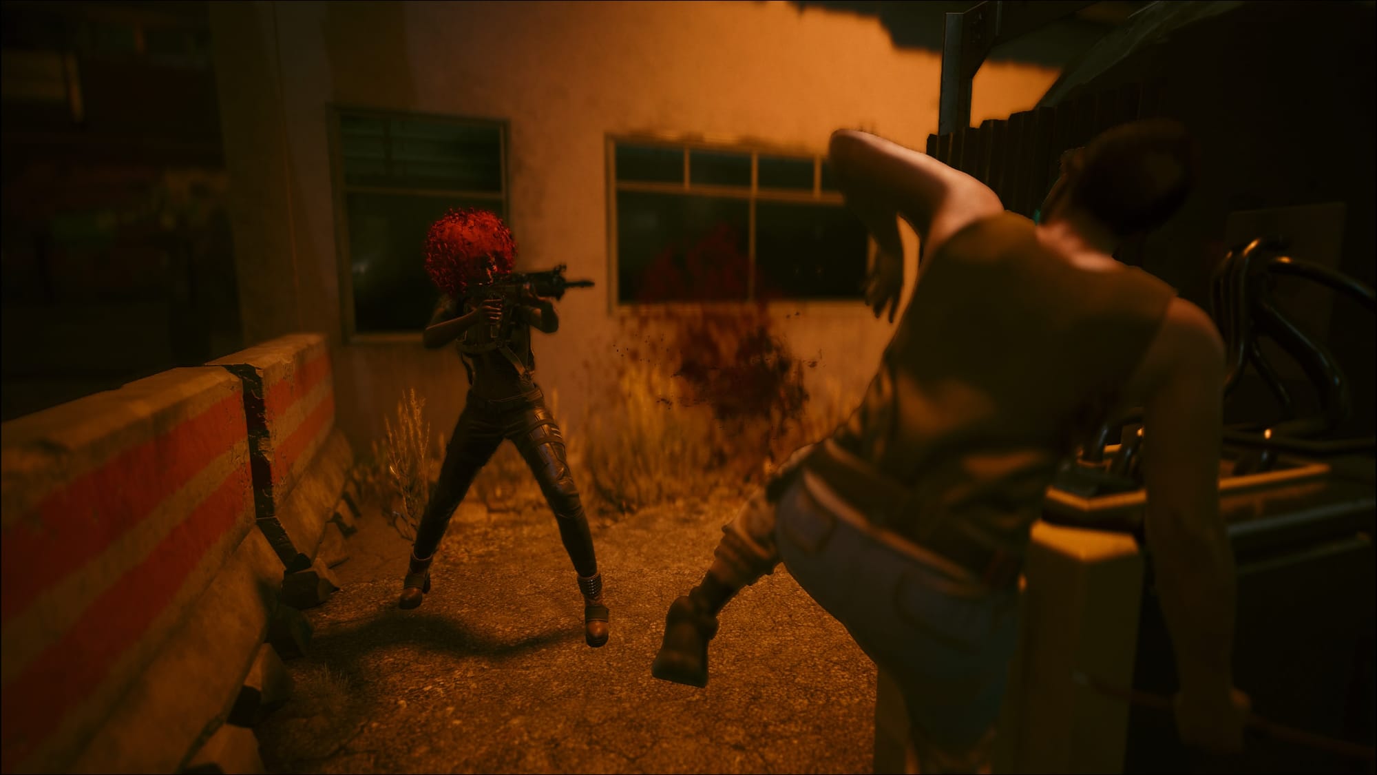 My Cyberpunk 2077 character gunning someone down behind a building.