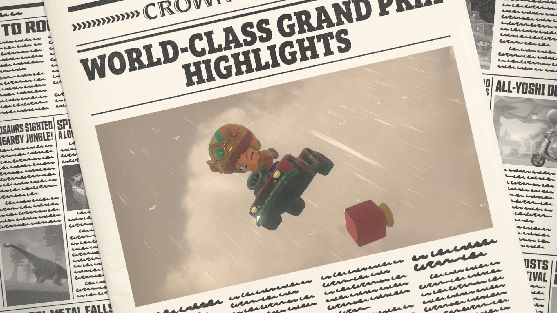 A fake newspaper frame from Mario Kart World, showing Baby Daisy in the air while it's raining