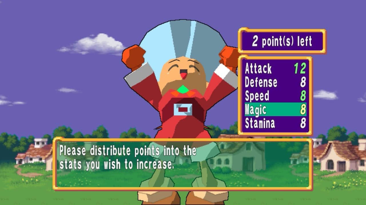 A level up screen of Dokapon! Sword of Fury. The block on the right says "2 point(s)" followed by another block with the following stats: "Attack: 12 Defense Speed: 8 Magic: 8 Stamina: 8. The text block on the bottom reads, "Please distribute points into the stats you wish to increase."