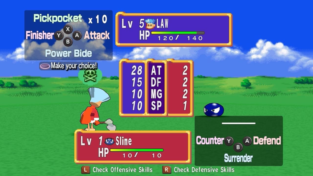 The battle menu of Dokapon! Sword of Fury. The top left box are the player options - Pickpocket, Finisher, Power Bide, or Attack. Then there's the Box indicating player level, name, and remaining HP. This is mirrored on the bottom but for the enemy character and flipped in orientation. The Slime's only options are Counter, Surrender, or Defend. In the middle of the screen is a head-to-head stat comparison block, with the stats listed in the middle column, AT (attack), DF (defense), MG (magic attack and defense), and SP (speed). On the left, the player stats are, in order, 28, 15, 10, and 10. On the right, the Slime's stats, 2, 2, 2, and 1.
