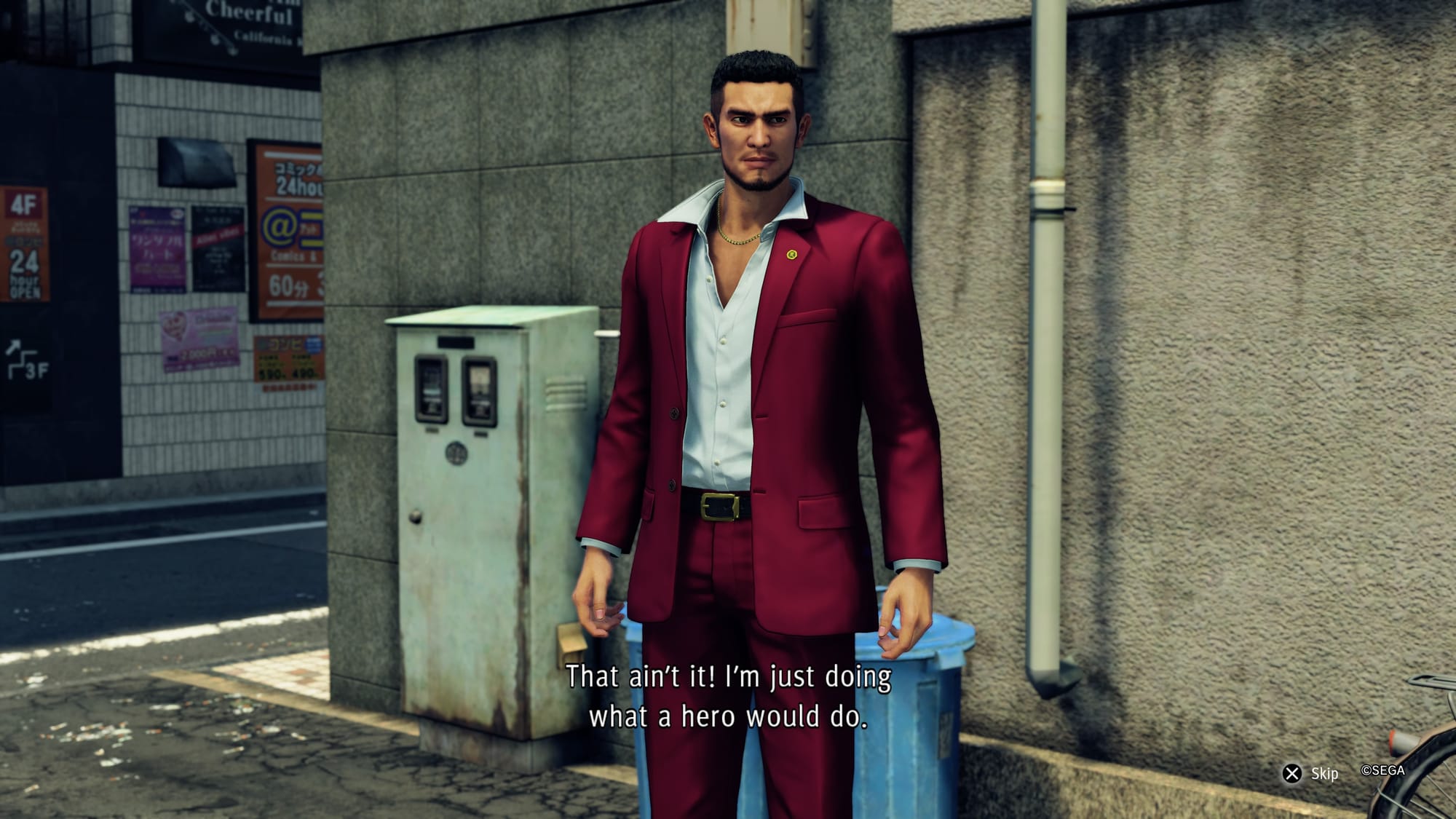 Ichiban standing in an alley saying "That ain't it! I'm just doing what a hero would do."