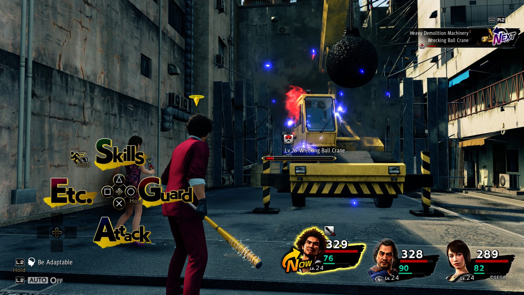 A boss battle in Yakuza against a wrecking ball crane. On the left are four options: Skills, Etc., Attack, and Guard. On the bottom are three character portraits depicting stat buffs, turn order, levels, remaining HP, and remaining SP, 